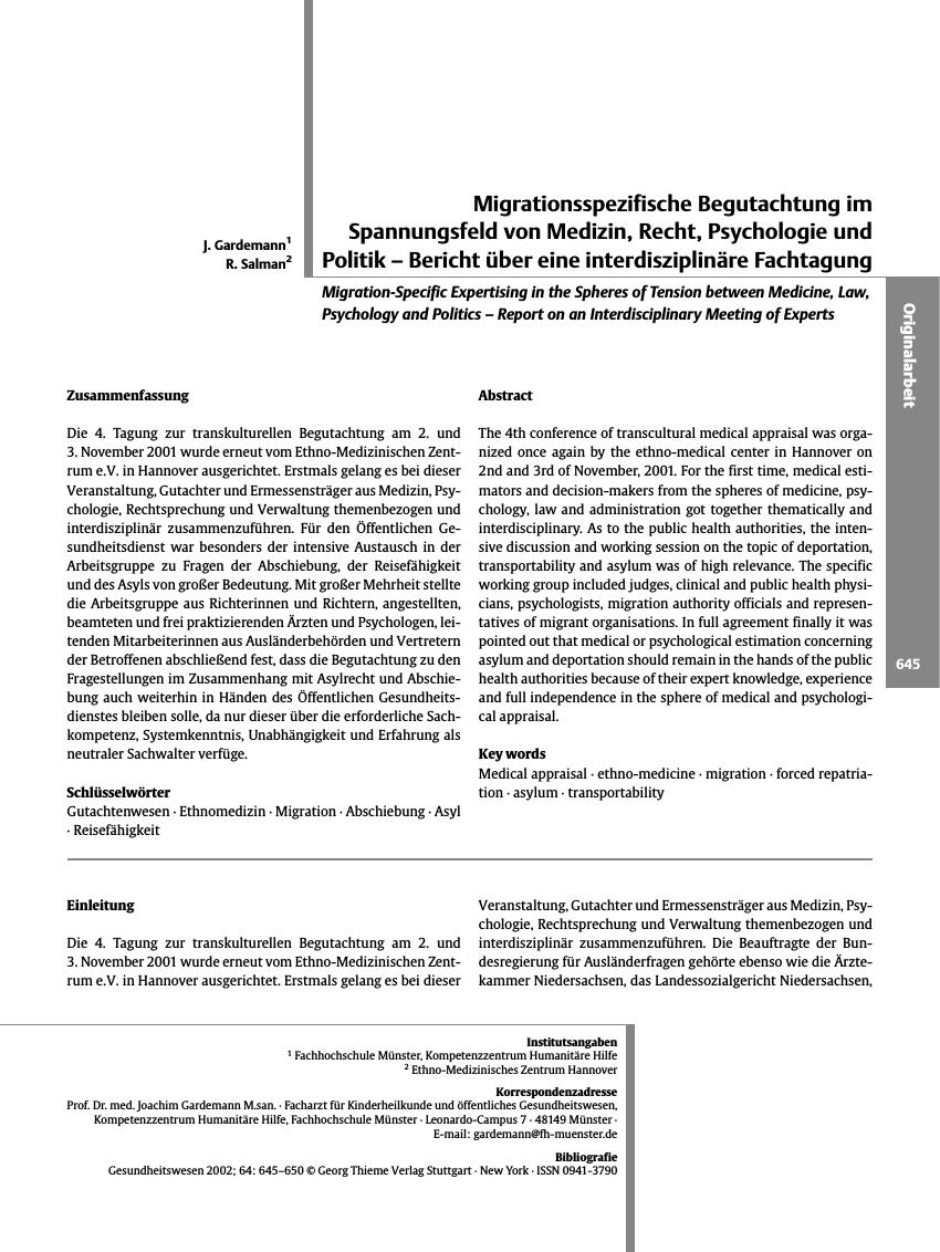 Vorschauseite 1: Migrationsspezifische Begutachtung im Spannungsfeld von Medizin, Recht, Psychologie und Politik
