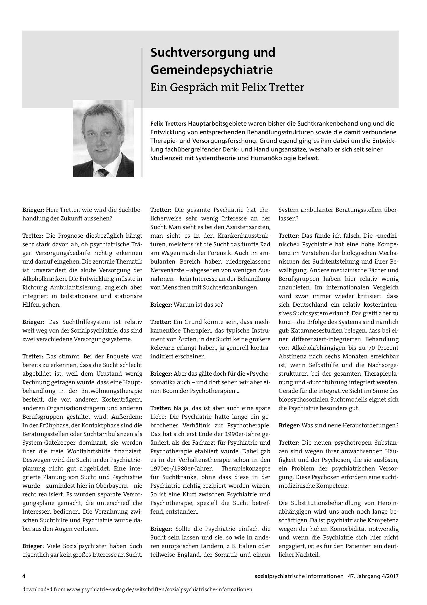Vorschauseite 1: Suchtversorgung und Gemeindepsychiatrie: Ein Gespräch mit Felix Tretter