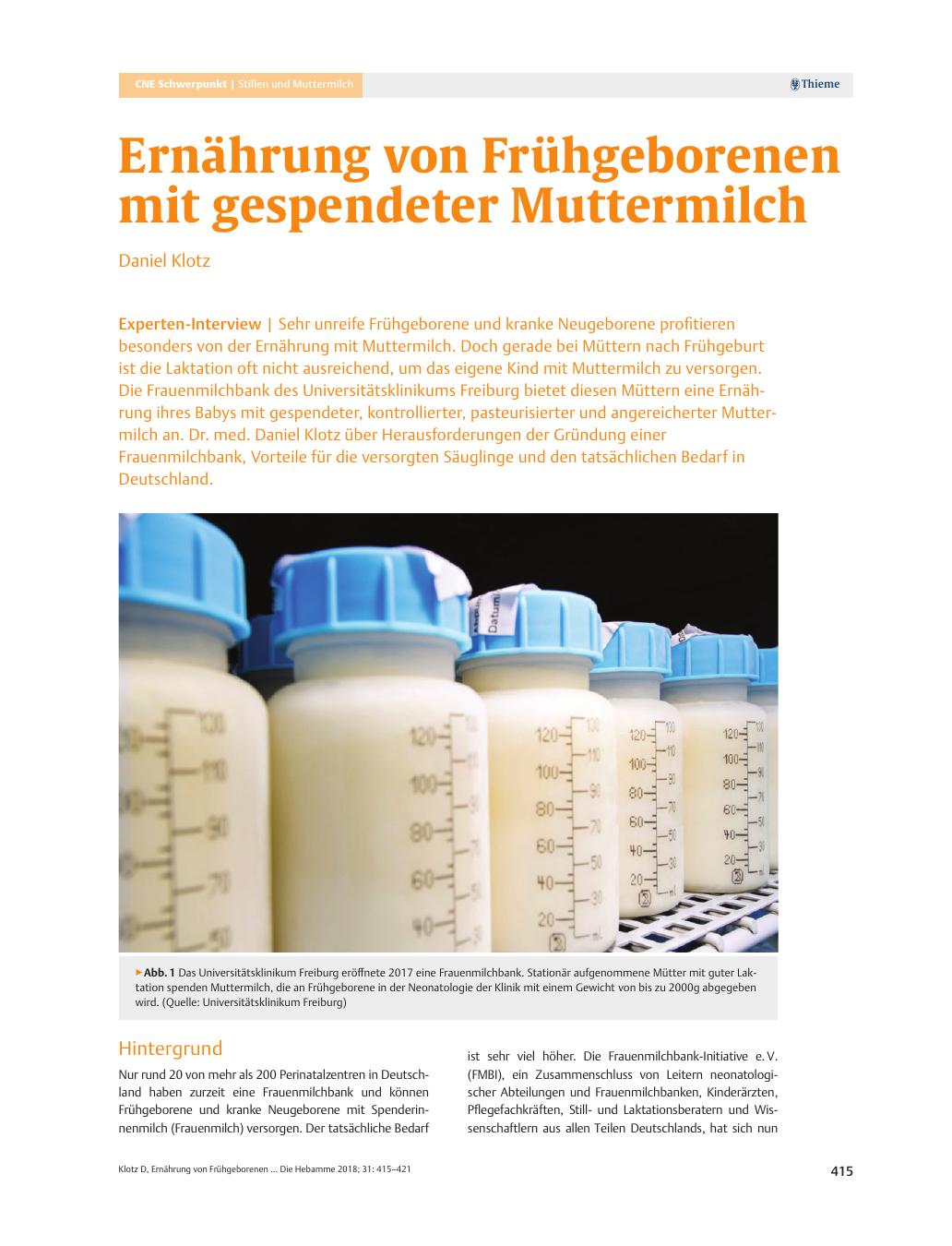 Vorschauseite 1: Ernährung von Frühgeborenen mit gespendeter Muttermilch