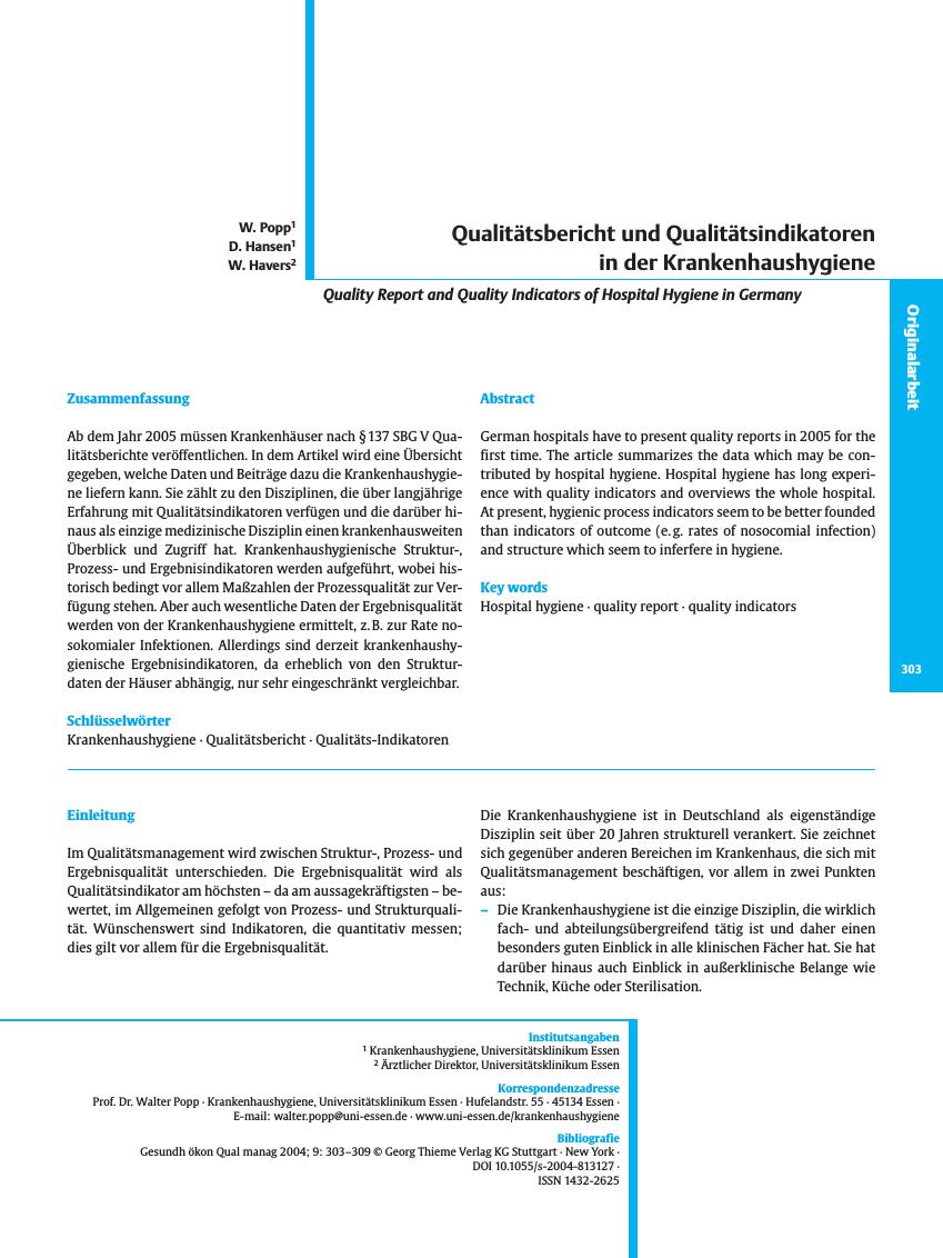 Vorschauseite 1: Qualitätsbericht und Qualitätsindikatoren in der Krankenhaushygiene