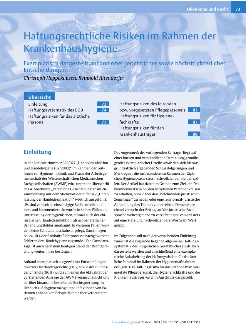 Vorschauseite 1: Haftungsrechtliche Risiken im Rahmen der Krankenhaushygiene