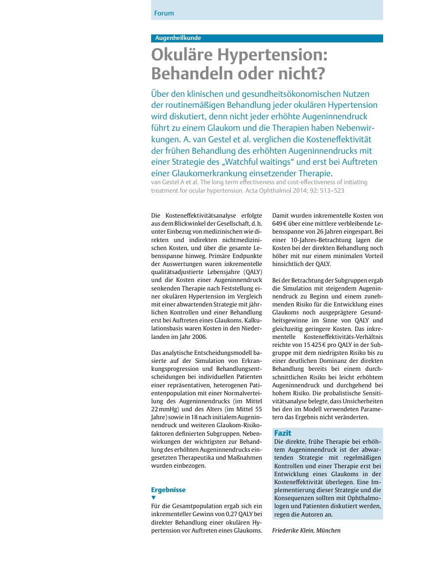 Vorschauseite 1: Augenheilkunde ? Okuläre Hypertension: Behandeln oder nicht?