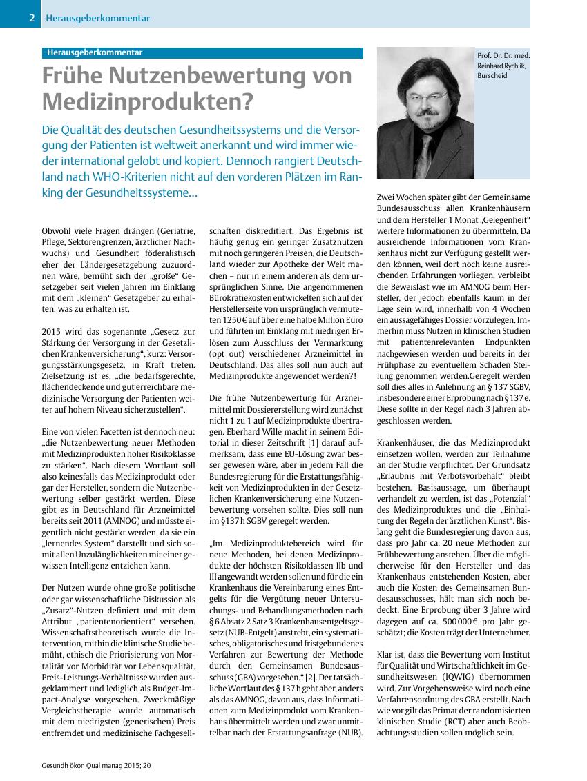 Vorschauseite 1: Herausgeberkommentar ? Frühe Nutzenbewertung von Medizinprodukten?