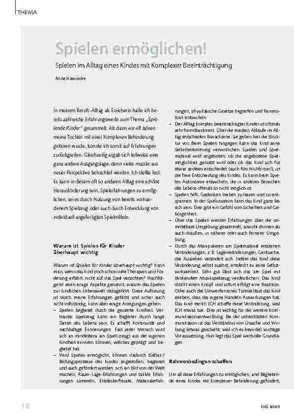 Vorschauseite 1: Spielen ermöglichen! Spielen im Alltag eines Kindes mit komplexer Beeinträchtigung.