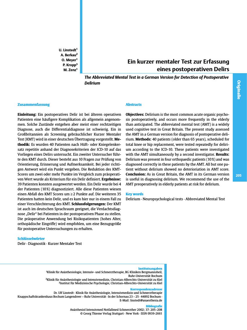 Vorschauseite 1: Ein kurzer mentaler Test zur Erfassung eines postoperativen Delirs