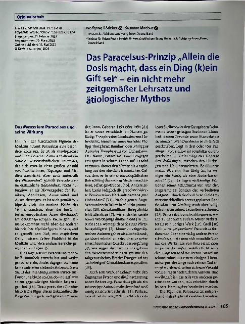 Vorschauseite 1: Das Paracelsus-Prinzip „Allein die Dosis macht, dass ein Ding (k)ein Gift sei" - ein nicht mehr zeitgemäßer Lehrsatz und ätiologischer Mythos.