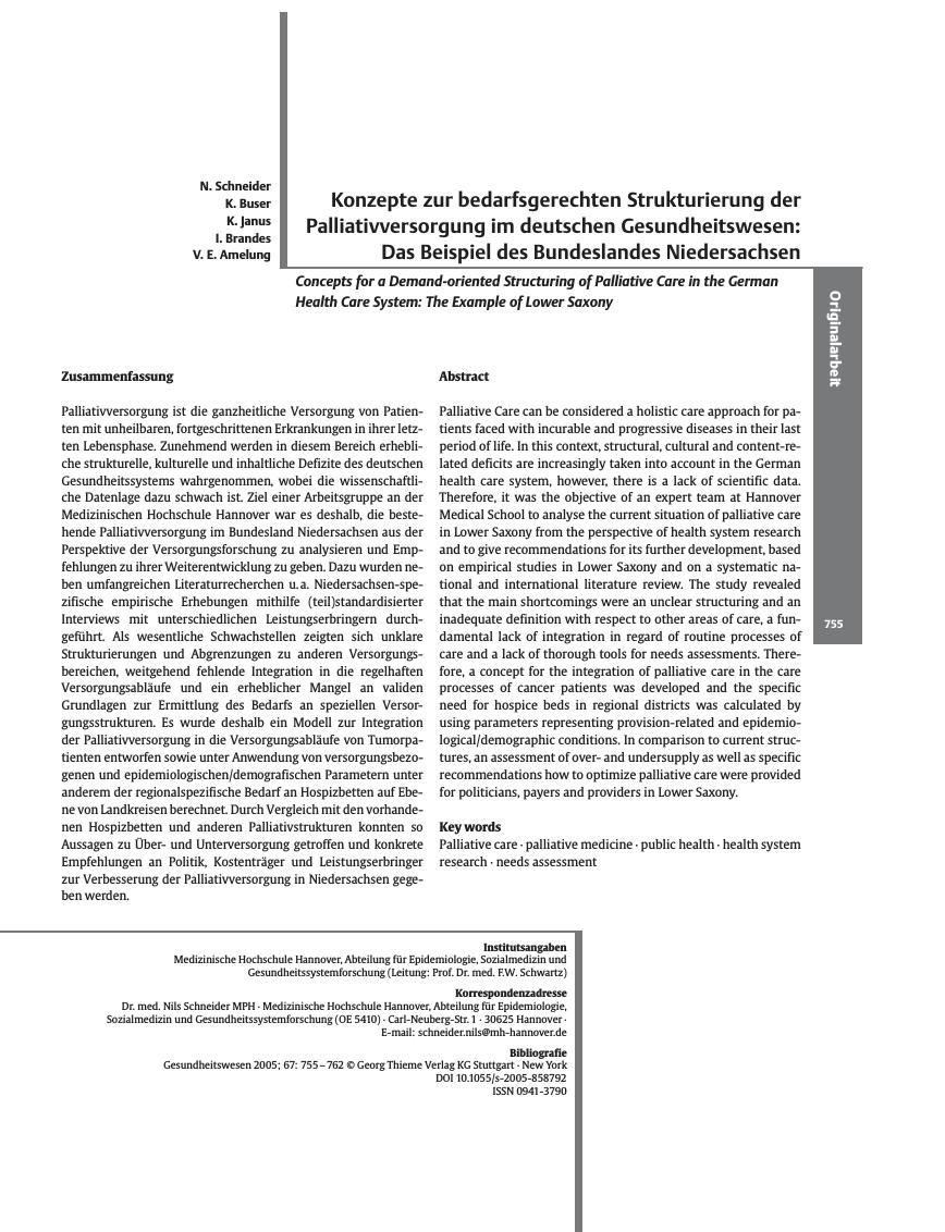Vorschauseite 1: Konzepte zur bedarfsgerechten Strukturierung der Palliativversorgung im deutschen Gesundheitswesen: Das Beispiel des Bundeslandes Niedersachsen