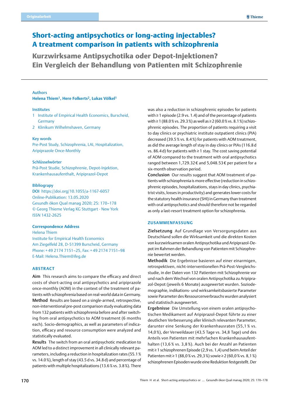 Vorschauseite 1: Short-acting antipsychotics or long-acting injectables? A treatment comparison in patients with schizophrenia