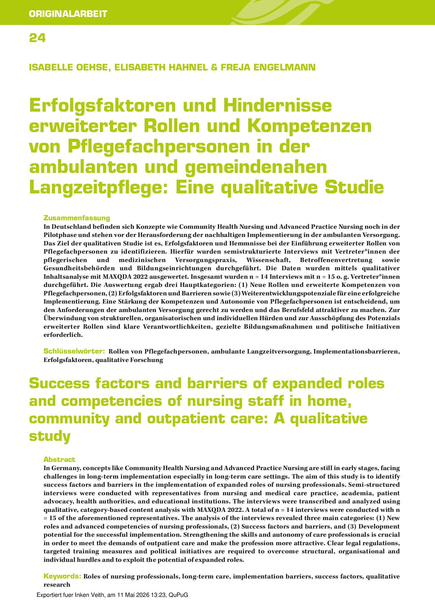 Vorschauseite 1: Erfolgsfaktoren und Hindernisse erweiterter Rollen und Kompetenzen von Pflegefachpersonen in der ambulanten und gemeindenahen Langzeitpflege: Eine qualitative Studie