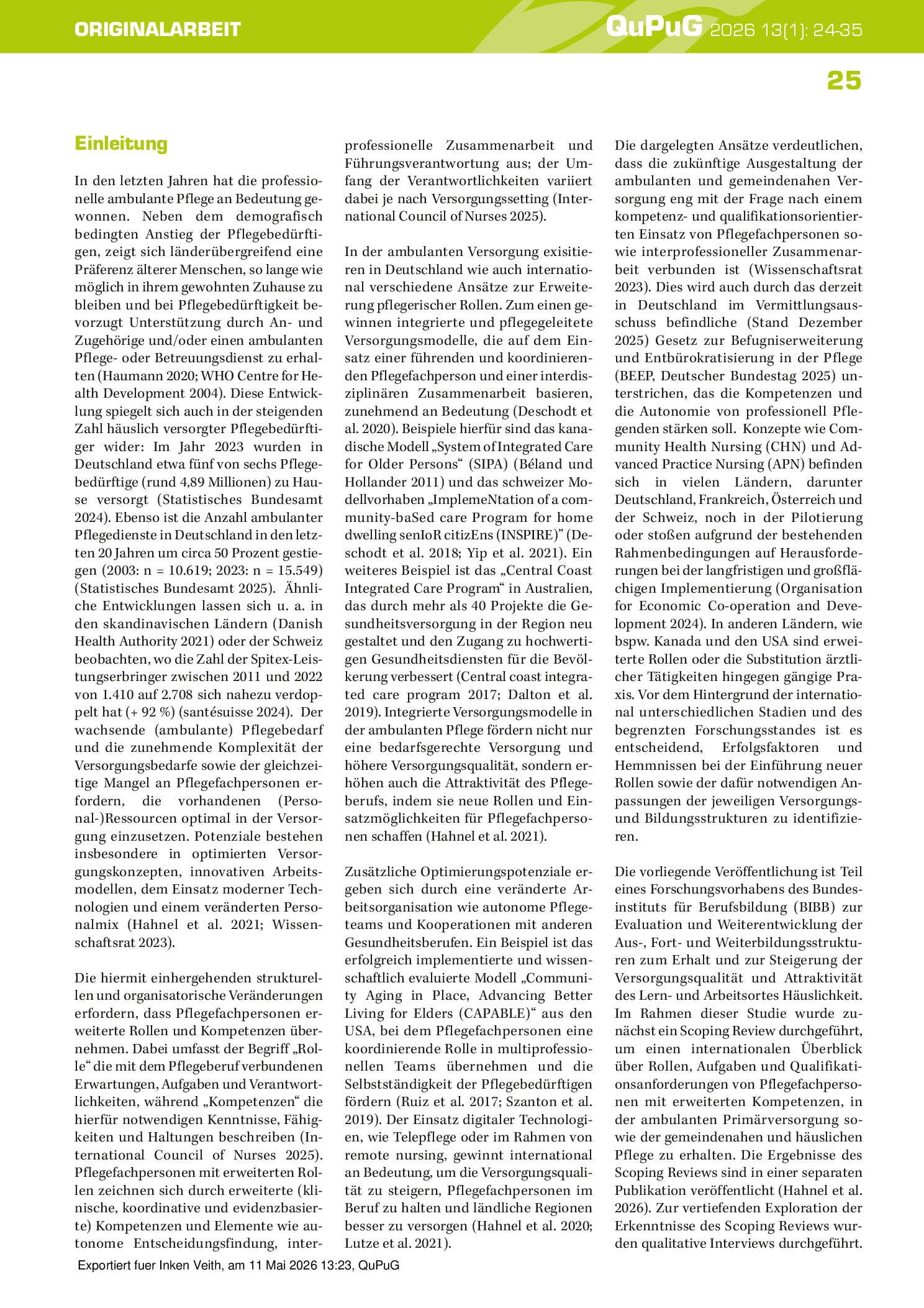 Vorschauseite 2: Erfolgsfaktoren und Hindernisse erweiterter Rollen und Kompetenzen von Pflegefachpersonen in der ambulanten und gemeindenahen Langzeitpflege: Eine qualitative Studie