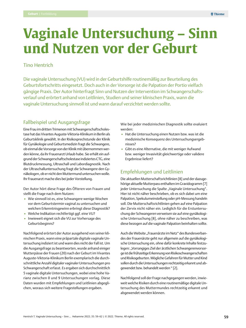 Vorschauseite 1: Vaginale Untersuchung – Sinn und Nutzen vor der Geburt