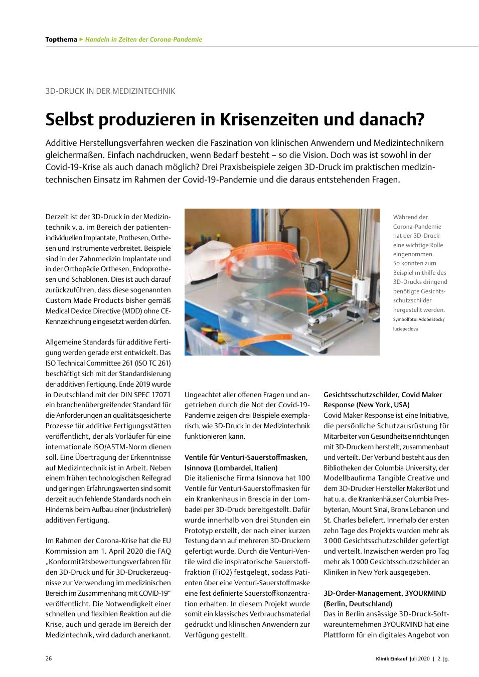 Vorschauseite 1: 3D-Druck in der Medizintechnik: Selbst produzieren in Krisenzeiten und danach?