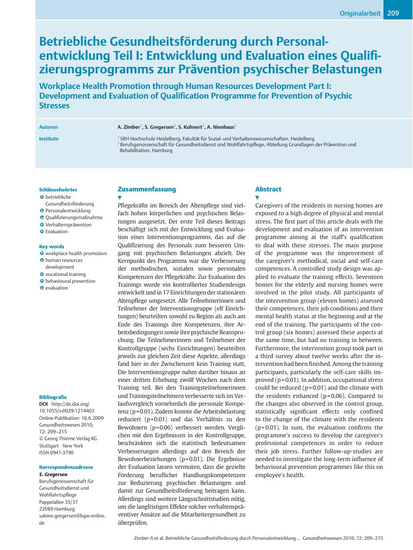 Vorschauseite 1: Betriebliche Gesundheitsförderung durch Personalentwicklung Teil I: Entwicklung und Evaluation eines Qualifizierungsprogramms zur Prävention psychischer Belastungen