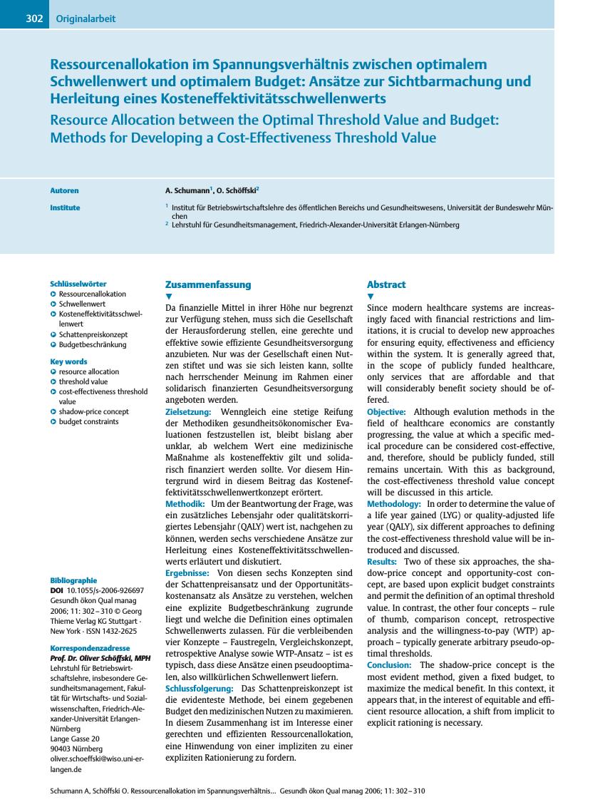 Vorschauseite 1: Ressourcenallokation im Spannungsverhältnis zwischen optimalem Schwellenwert und optimalem Budget: Ansätze zur Sichtbarmachung und Herleitung eines Kosteneffektivitätsschwellenwer…