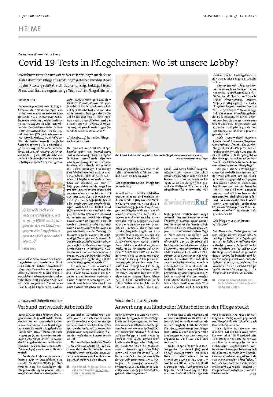 Vorschauseite 1: Covid-19-Tests in Pflegeheimen: Wo ist unsere Lobby?