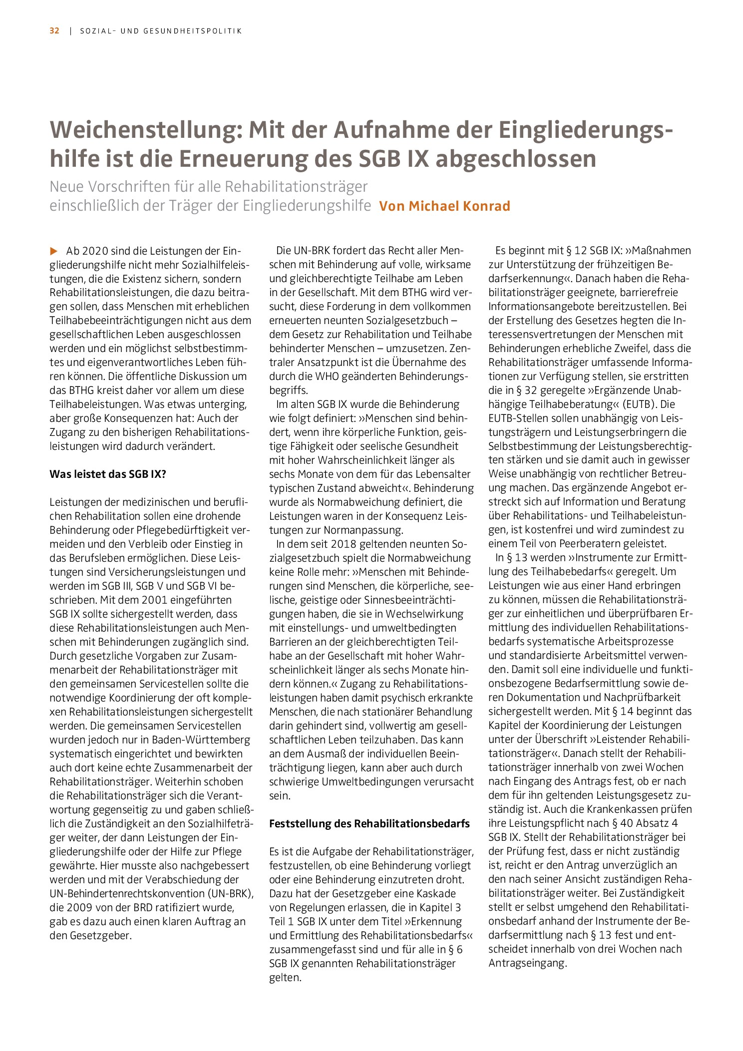 Vorschauseite 1: Weichenstellung: Mit der Aufnahme der Eingliederungshilfe ist die Erneuerung des SGB IX abgeschlossen