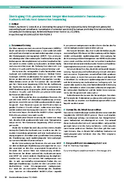 Vorschauseite 1: Übertragung ESBL-produzierender Erreger über kontaminierte Duodenoskope – Nachweis mittels Next Generation Sequencing