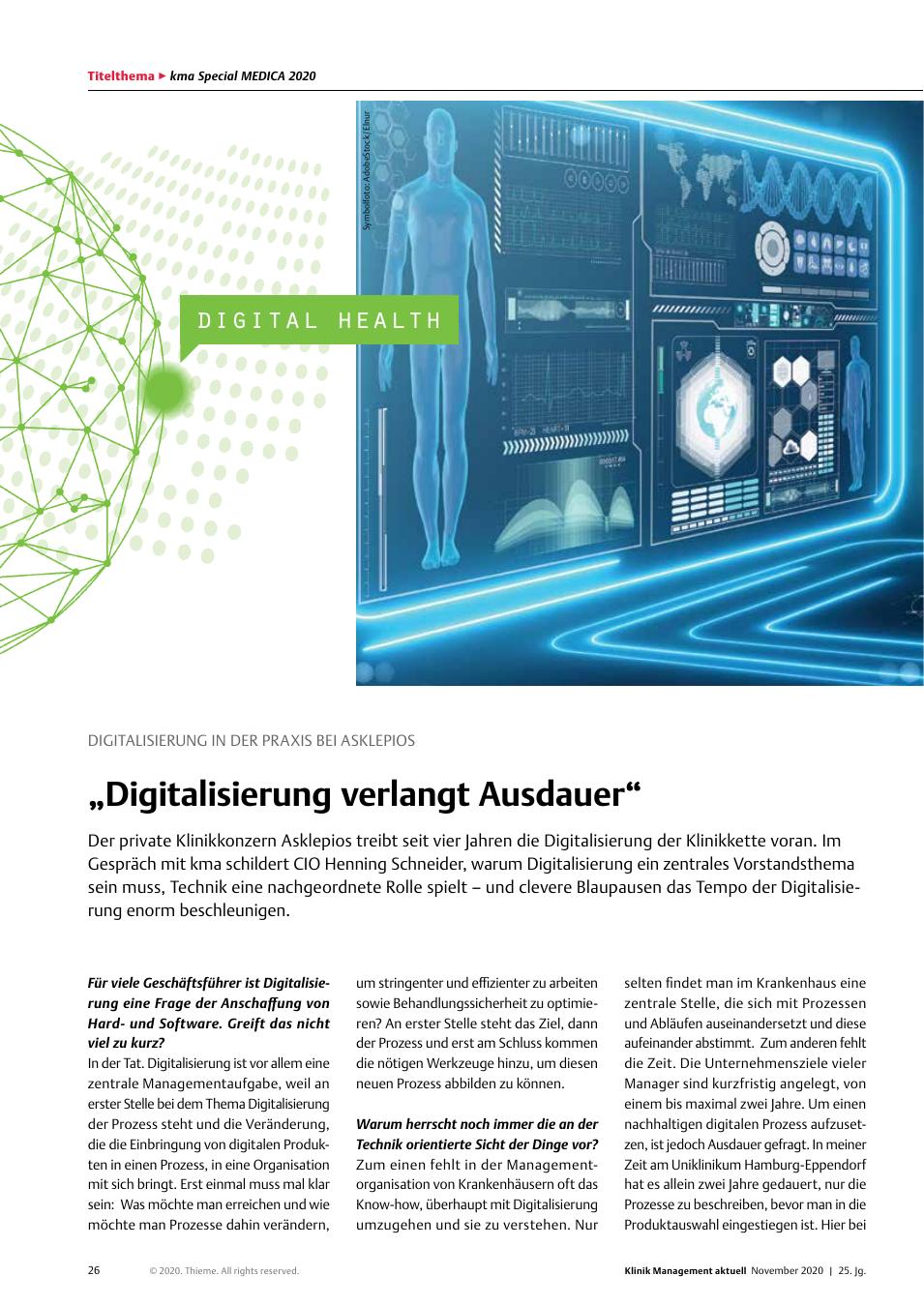 Vorschauseite 1: Digitalisierung in der Praxis bei Asklepios: "Digitalisierung verlangt Ausdauer"