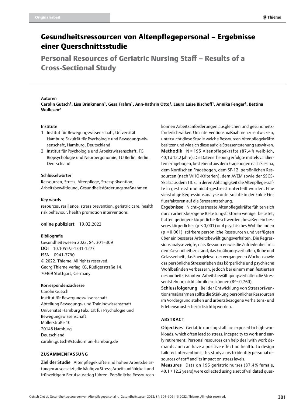 Vorschauseite 1: Gesundheitsressourcen des Altenpflegepersonals – Ergebnisse einer Querschnittsstudie