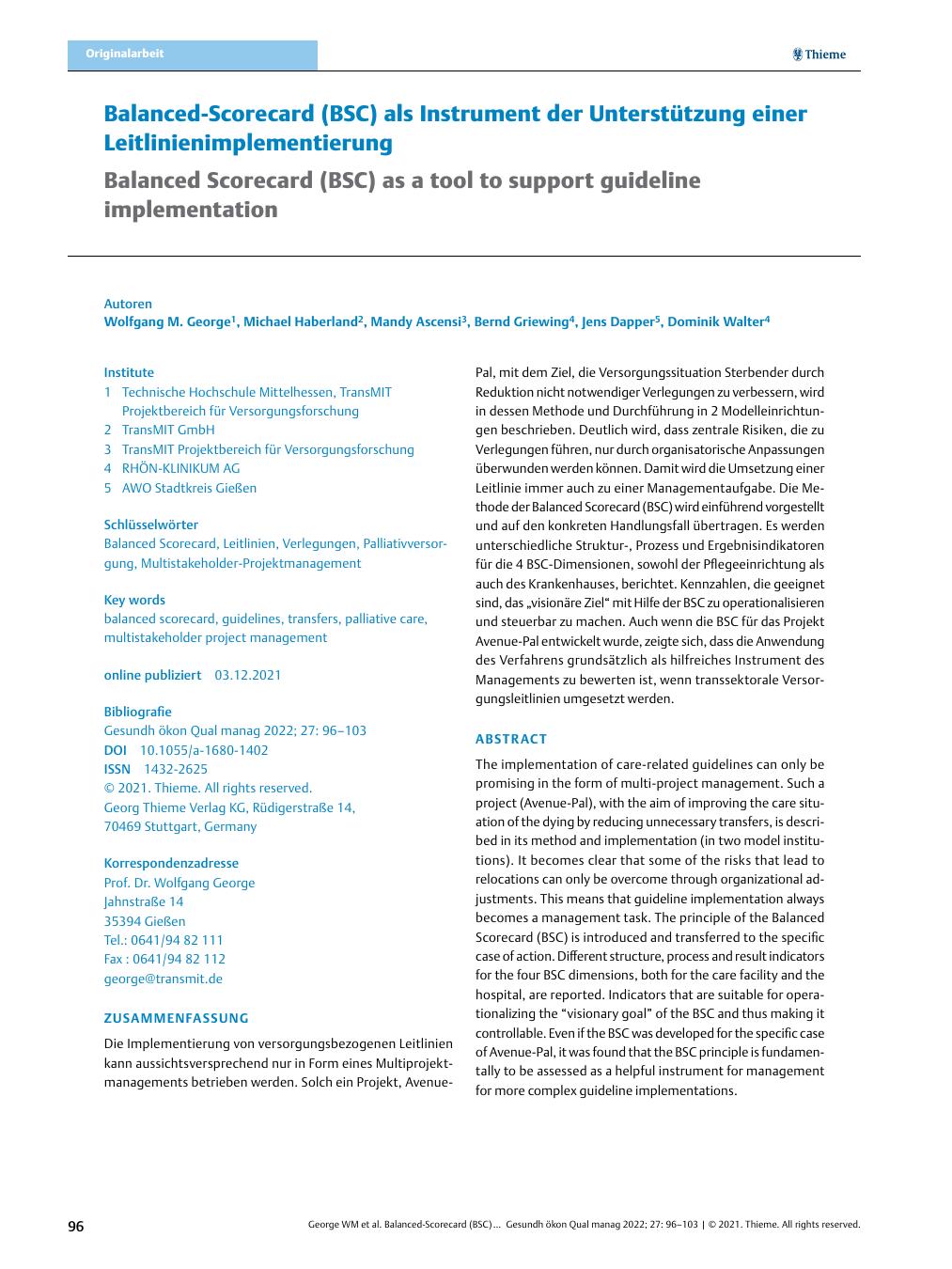 Vorschauseite 1: Balanced Scorecard (BSC) als Instrument zur Unterstützung einer Leitlinienimplementierung