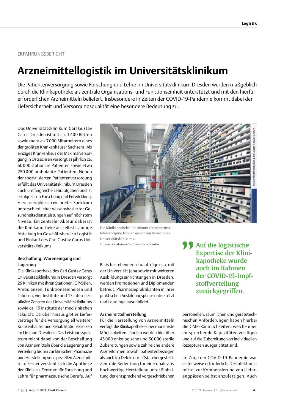 Vorschauseite 1: Erfahrungsbericht: Arzneimittellogistik im Universitätsklinikum