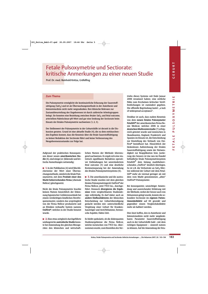 Vorschauseite 1: Fetale Pulsoxymetrie und Sectiorate: kritische Anmerkungen zu einer neuen Studie