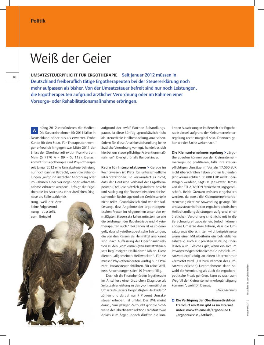Vorschauseite 1: Umsatzsteuerpflicht für Ergotherapie ? Weiß der Geier