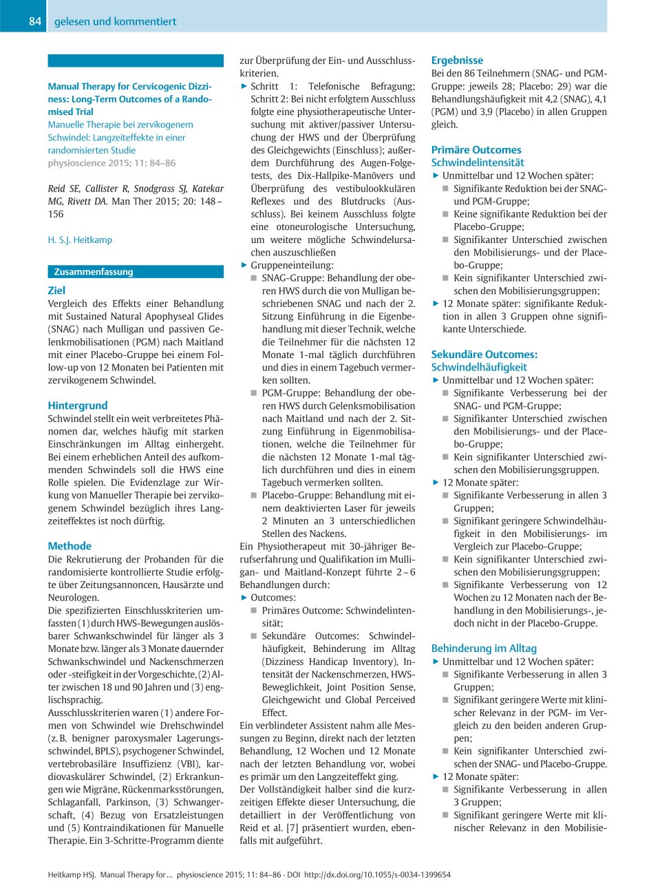 Vorschauseite 1: Manual Therapy for Cervicogenic Dizziness: Long-Term Outcomes of a Randomised Trial