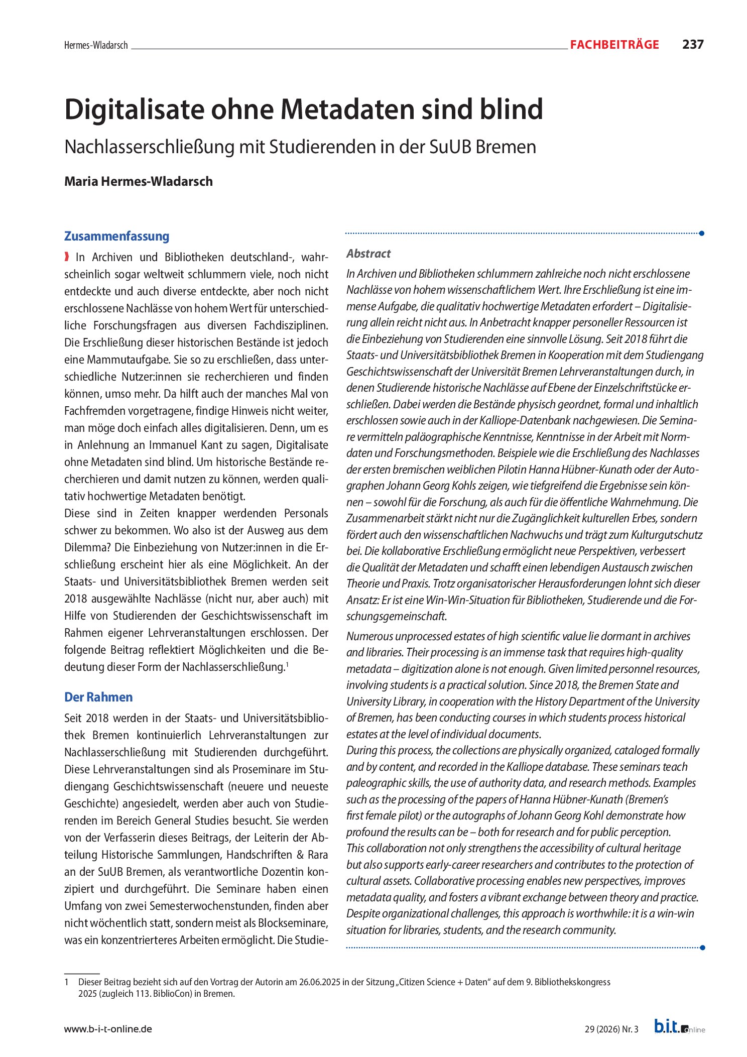 Vorschauseite 1: Digitalisate ohne Metadaten sind blind: Nachlasserschließung mit Studierenden in der SuUB Bremen