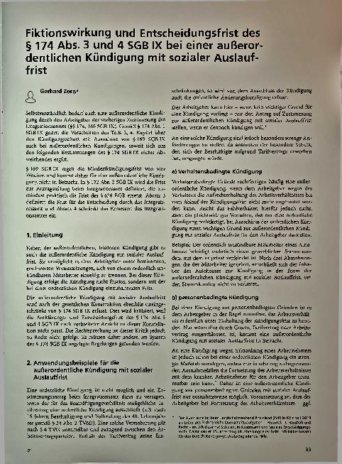 Vorschauseite 1: Fiktionswirkung und Entscheidungsfrist des § 174 Abs. 3 und 4 SGB IX bei einer außerordentlichen Kündigung mit sozialer Auslauffrist