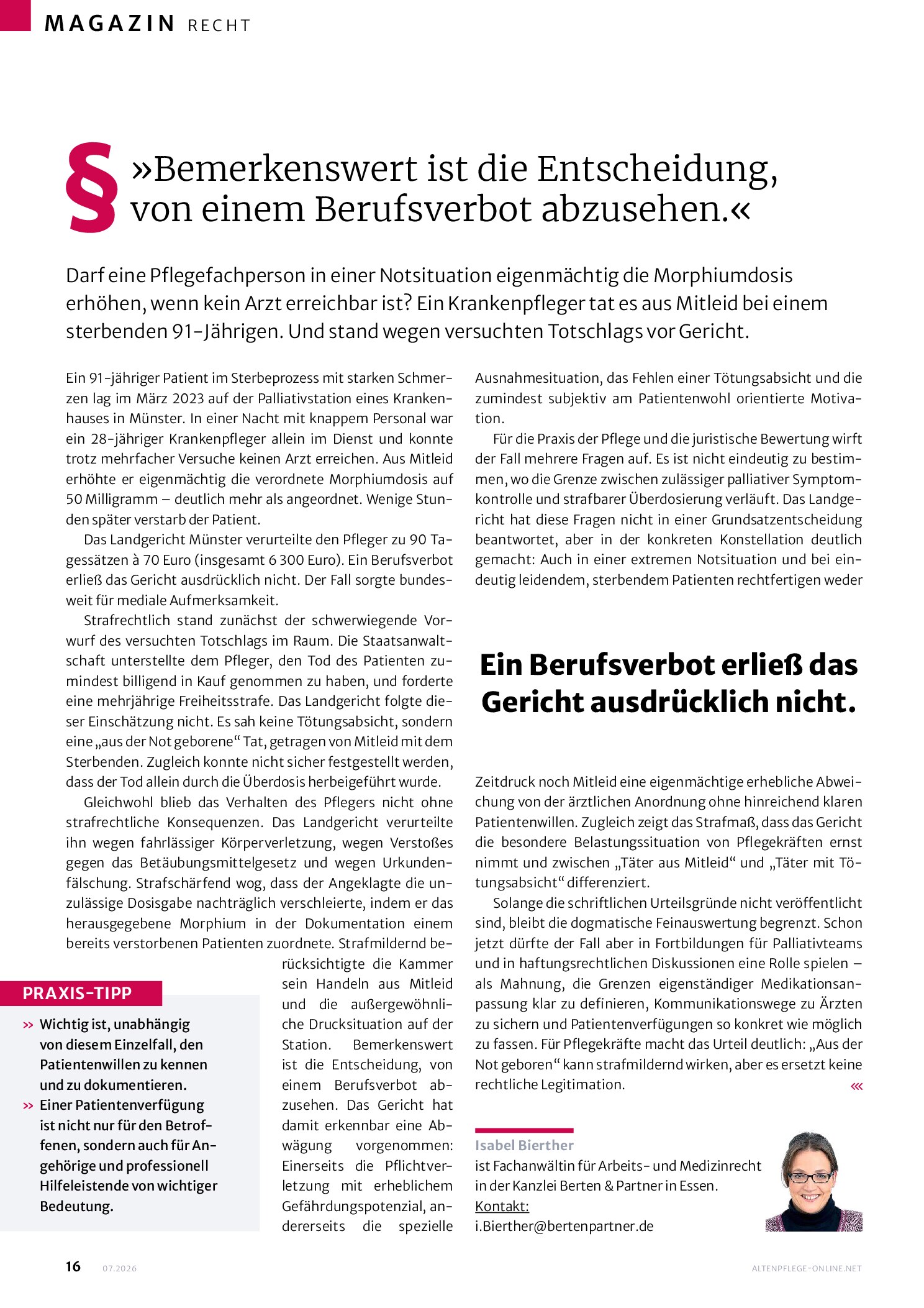 Vorschauseite 1: Bemerkenswert ist die Entscheidung, von einem Berufsverbot abzusehen.