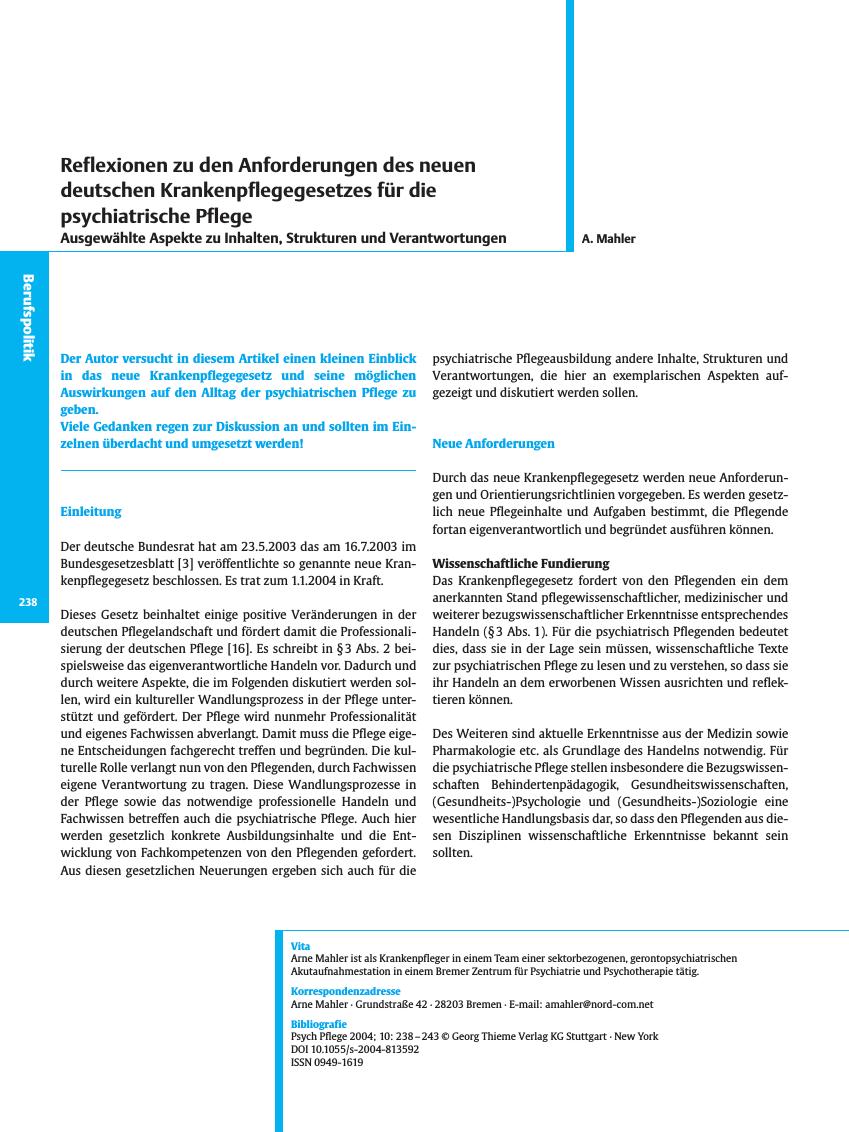 Vorschauseite 1: Reflexionen zu den Anforderungen des neuen deutschen Krankenpflegegesetzes für die psychiatrische Pflege