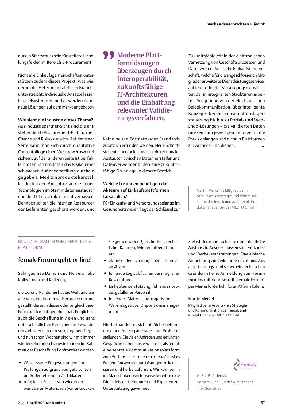 Vorschauseite 1: Neue zentrale Kommunikationsplattform: Femak-Forum geht online!