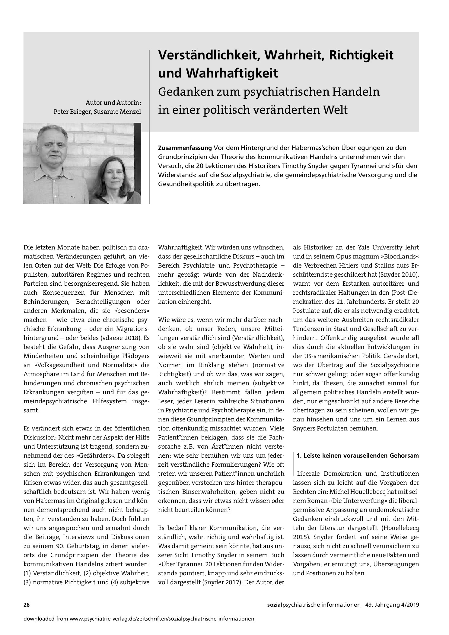 Vorschauseite 1: Verständlichkeit, Wahrheit, Richtigkeit und Wahrhaftigkeit. Gedanken zum psychiatrischen Handeln in einer politisch veränderten Welt