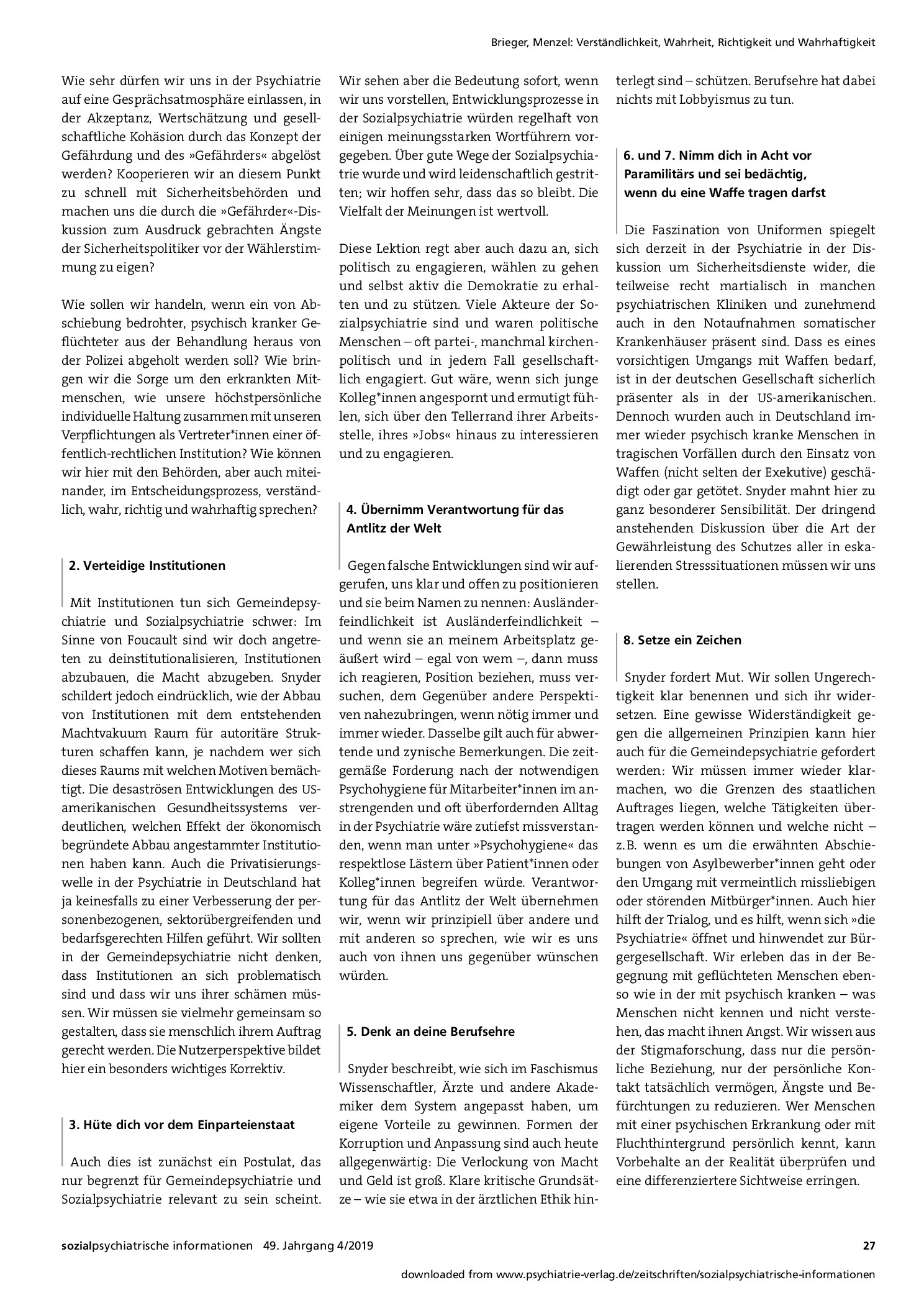 Vorschauseite 2: Verständlichkeit, Wahrheit, Richtigkeit und Wahrhaftigkeit. Gedanken zum psychiatrischen Handeln in einer politisch veränderten Welt