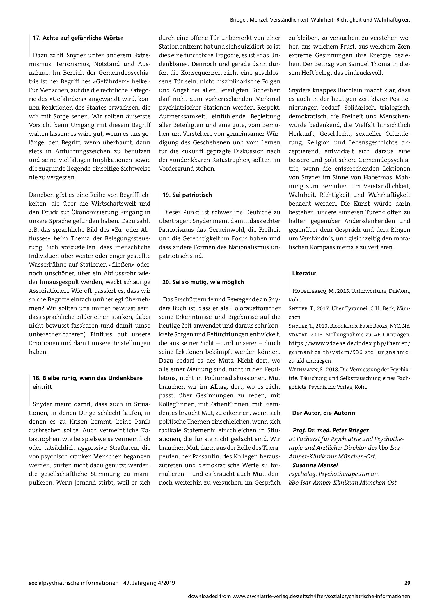 Vorschauseite 4: Verständlichkeit, Wahrheit, Richtigkeit und Wahrhaftigkeit. Gedanken zum psychiatrischen Handeln in einer politisch veränderten Welt