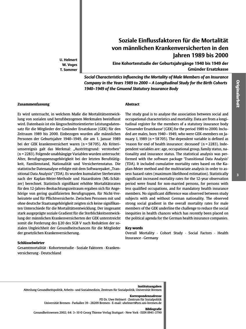 Vorschauseite 1: Soziale Einflussfaktoren für die Mortalität von männlichen Krankenversicherten in den Jahren 1989 bis 2000