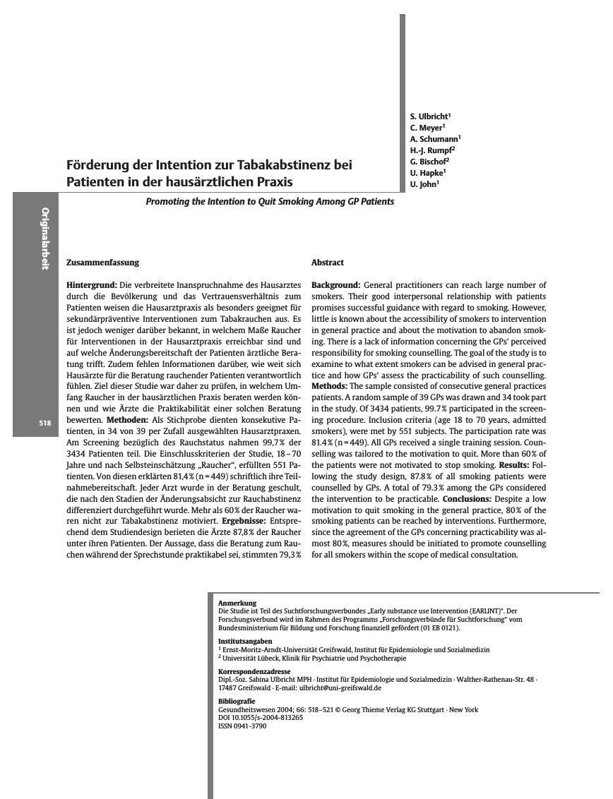 Vorschauseite 1: Förderung der Intention zur Tabakabstinenz bei Patienten in der hausärztlichen Praxis