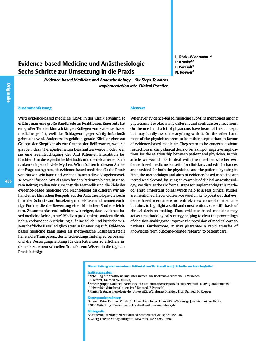 Vorschauseite 1: Evidence-based Medicine und Anästhesiologie - Sechs Schritte zur Umsetzung in die Praxis
