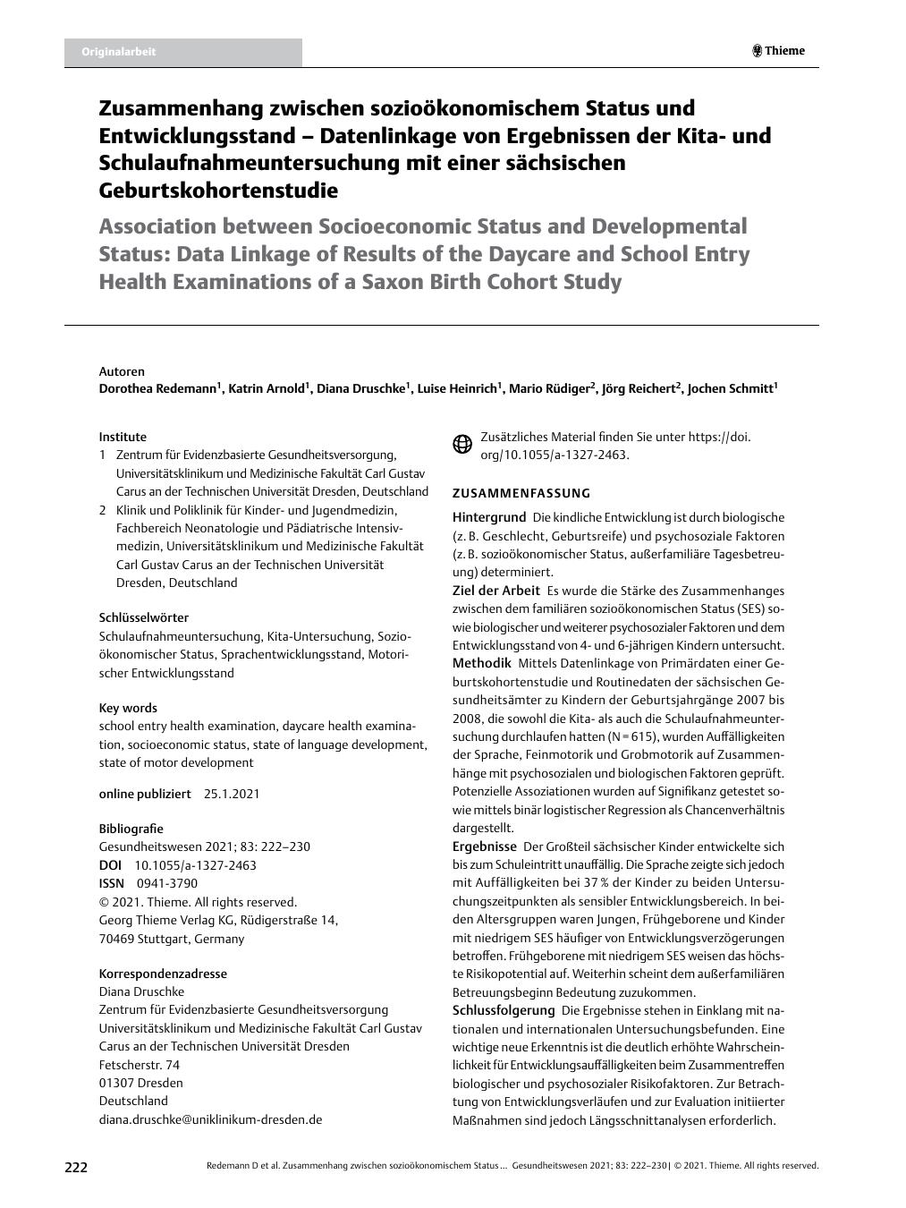 Vorschauseite 1: Zusammenhang zwischen sozioökonomischem Status und Entwicklungsstand – Datenlinkage von Ergebnissen der Kitaund Schulaufnahmeuntersuchung mit einer sächsischen Geburtskohortenstud…
