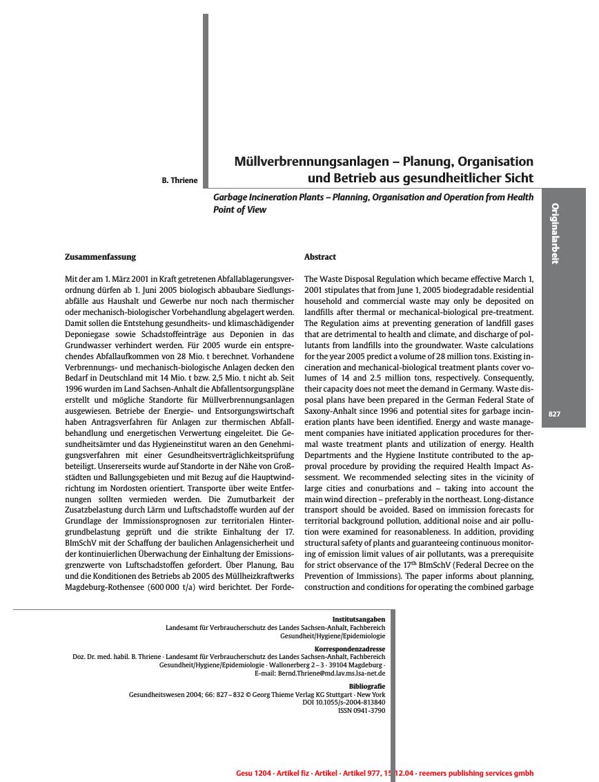 Vorschauseite 1: Müllverbrennungsanlagen - Planung, Organisation und Betrieb aus gesundheitlicher Sicht