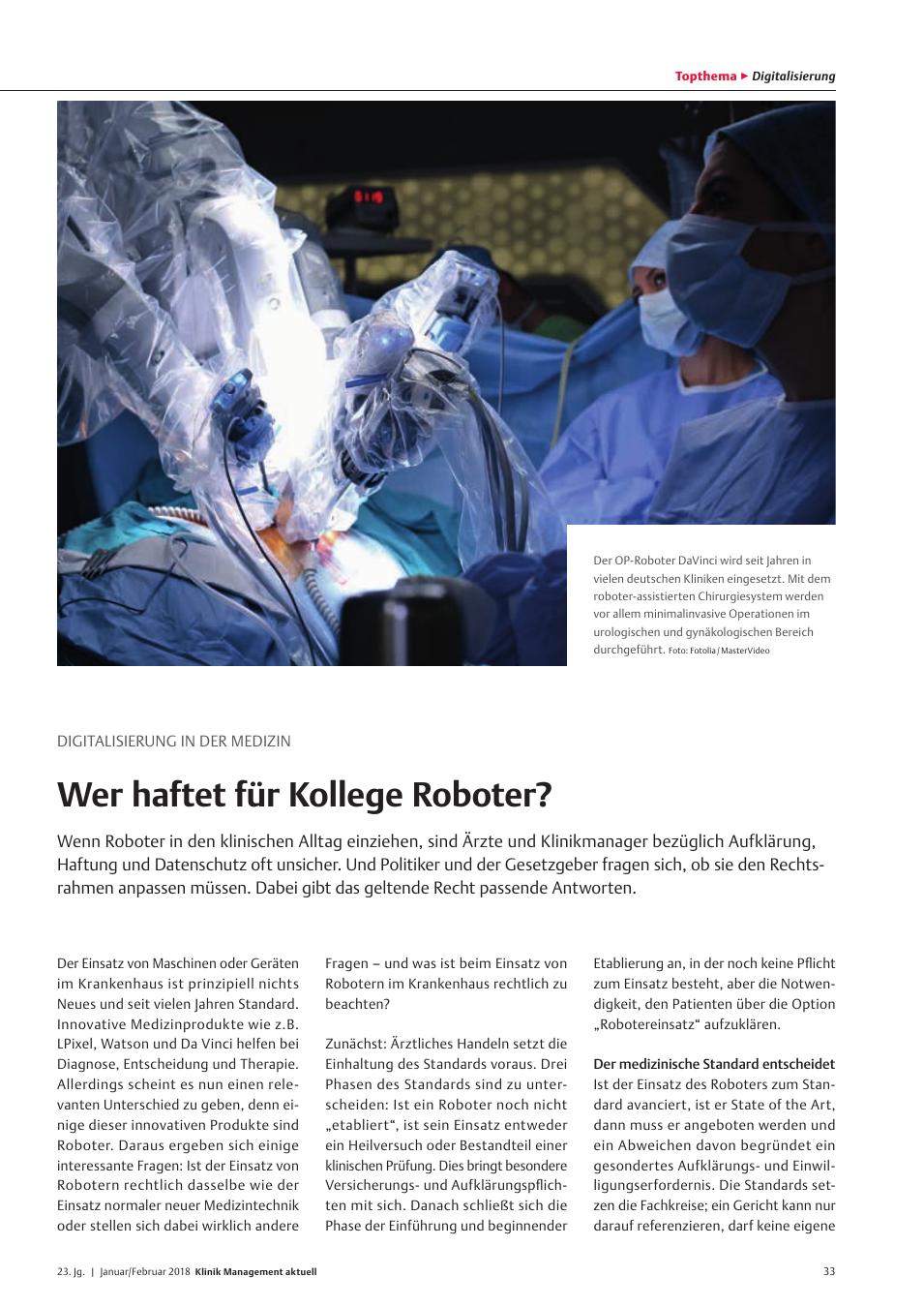 Vorschauseite 1: Digitalisierung in der Medizin: Wer haftet für Kollege Roboter?