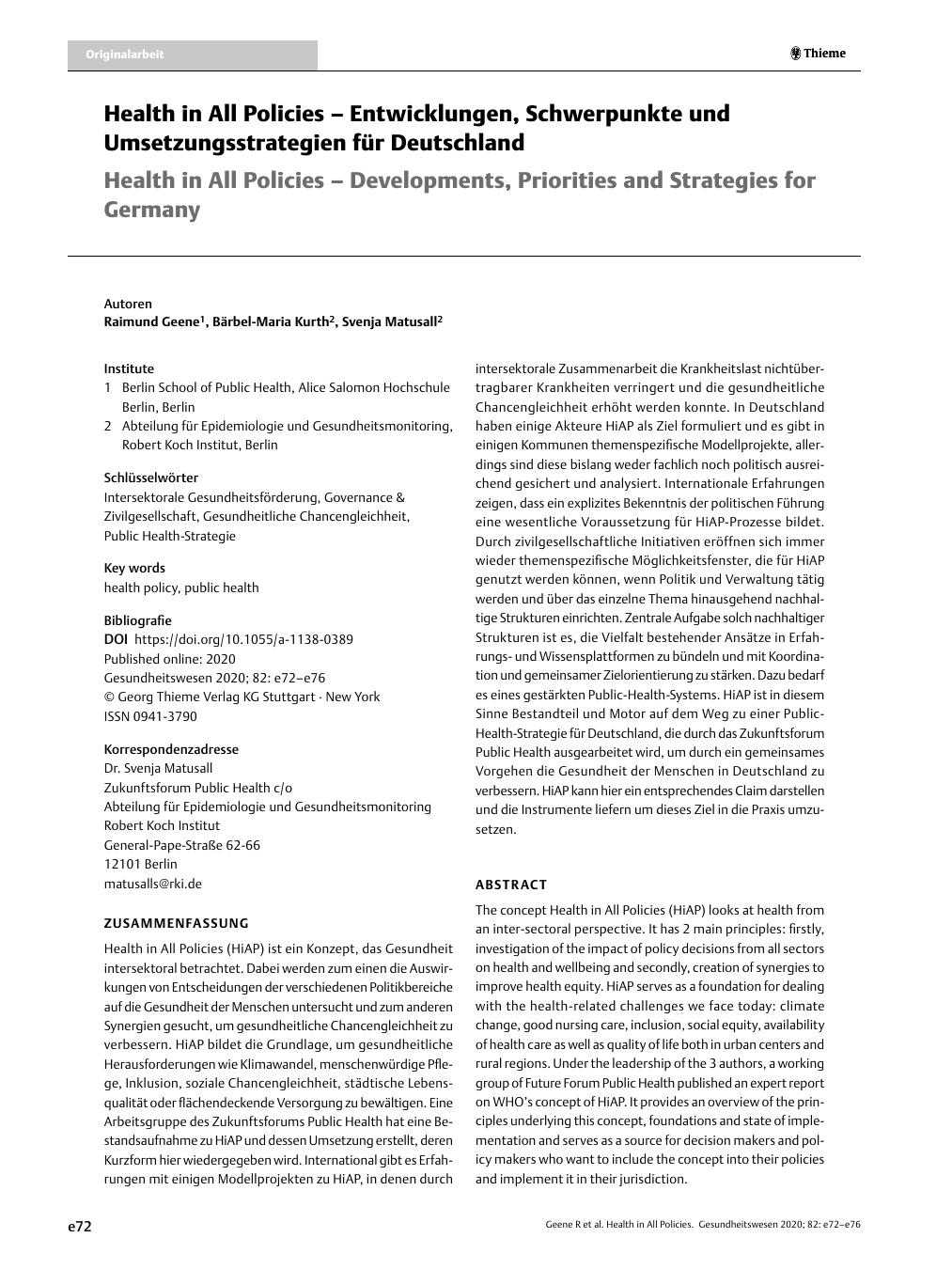Vorschauseite 1: Health in All Policies – Entwicklungen, Schwerpunkte und Umsetzungsstrategien für Deutschland