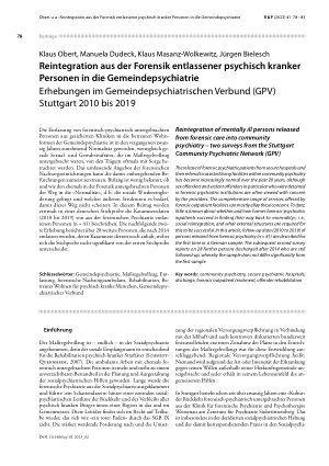 Vorschauseite 1: Reintegration aus der Forensik entlassener psychisch kranker Personen in die Gemeindepsychiatrie Erhebungen im Gemeindepsychiatrischen Verbund (GPV) Stuttgart 2010 bis 2019