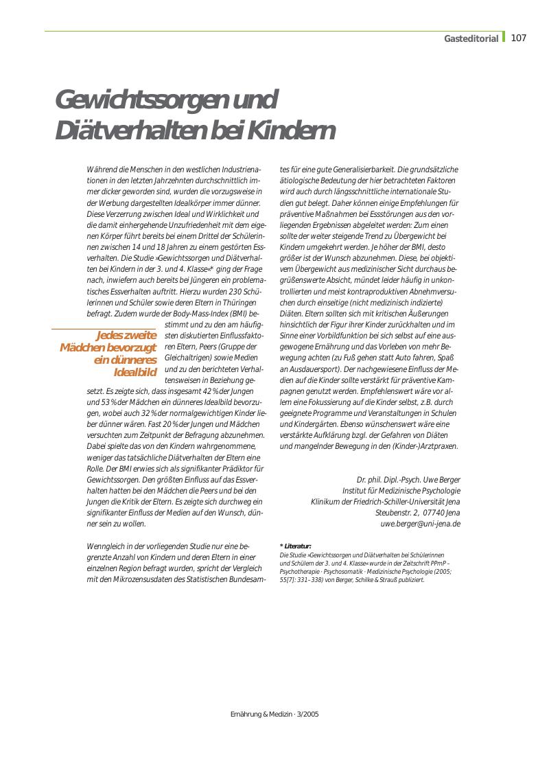 Vorschauseite 1: Gewichtssorgen und Diätverhalten bei Kindern