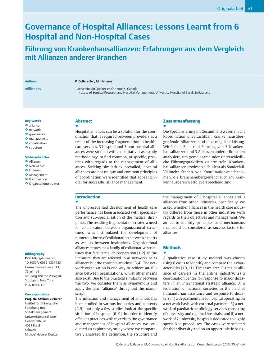 Vorschauseite 1: Governance of Hospital Alliances: Lessons Learnt from 6 Hospital and Non-Hospital Cases