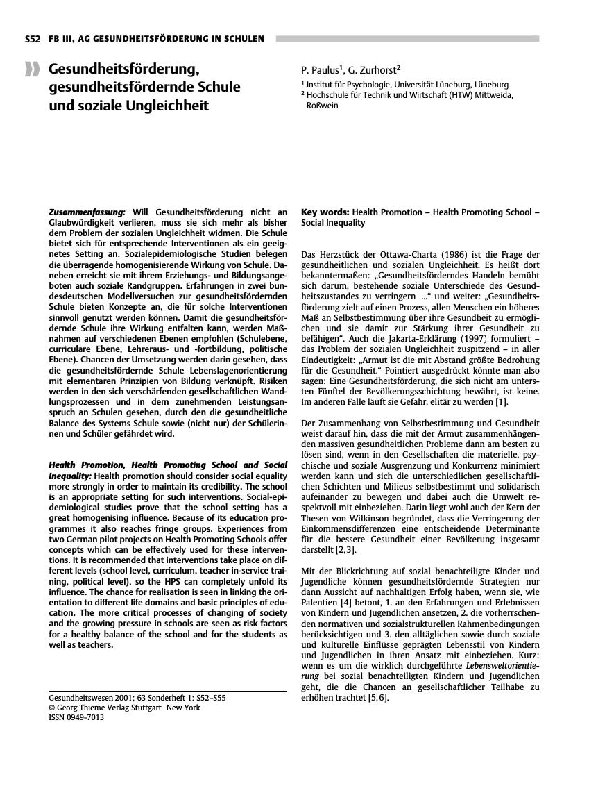 Vorschauseite 1: Gesundheitsförderung, gesundheitsfördernde Schule und soziale Ungleichheit