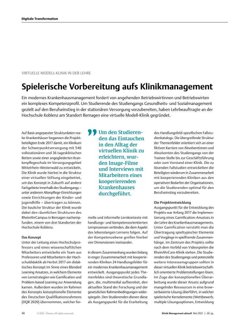 Vorschauseite 1: Virtuelle Modell-Klinik in der Lehre: Spielerische Vorbereitung aufs Klinikmanagement