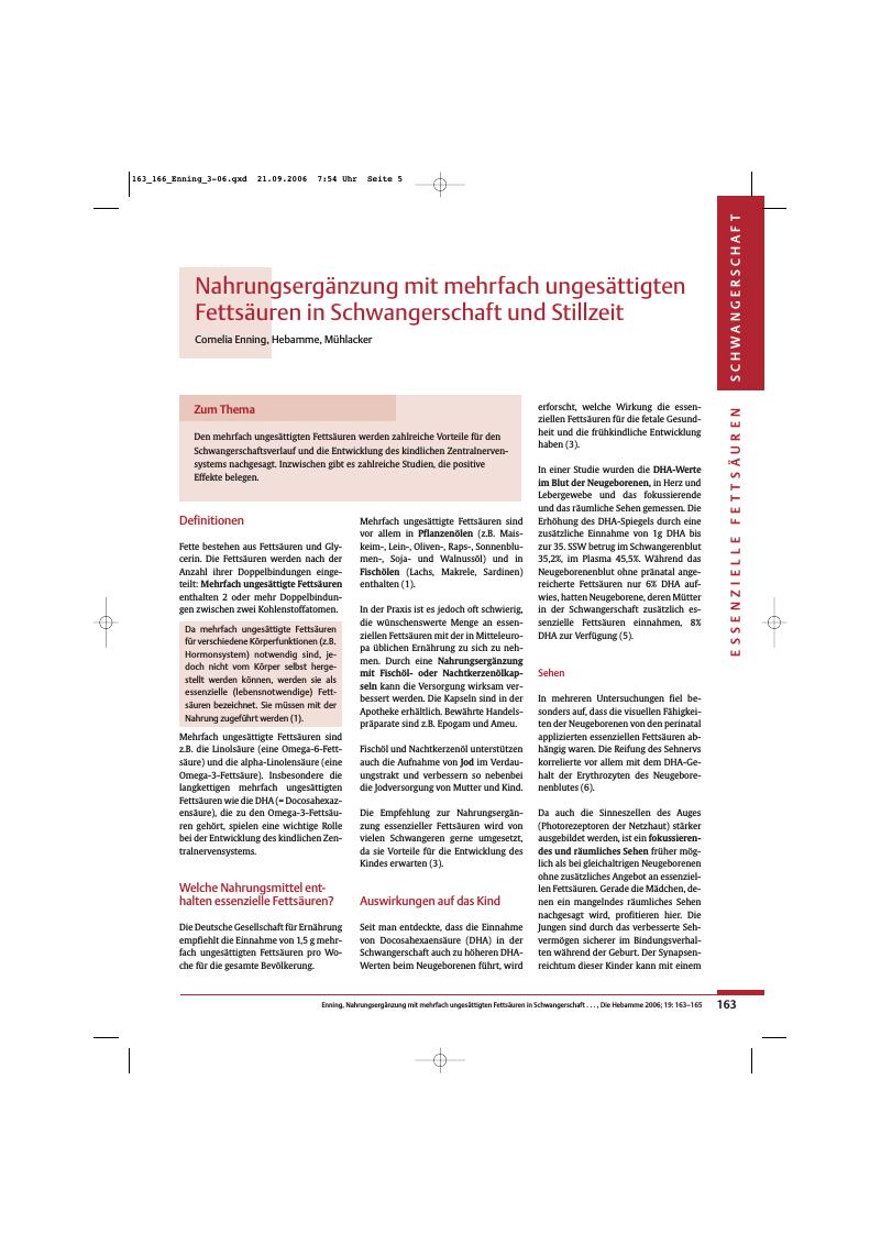 Vorschauseite 1: Nahrungsergänzung mit mehrfach ungesättigten Fettsäuren in Schwangerschaft und Stillzeit