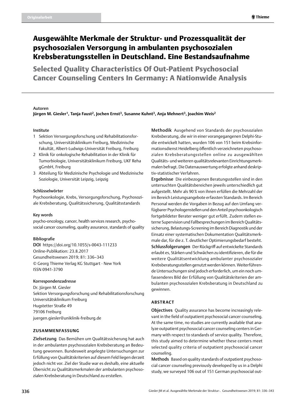 Vorschauseite 1: Ausgewählte Merkmale der Strukturund Prozessqualität der psychosozialen Versorgung in ambulanten psychosozialen Krebsberatungsstellen in Deutschland. Eine Bestandsaufnahme